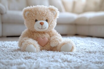 Plush teddy bear sits on a fluffy rug in a living room
