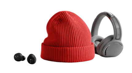 Modern Audio Ensemble: An artistic composition showcasing a sleek gray headphone, a vibrant red beanie, and modern black earbuds. Designed for music and style enthusiasts.