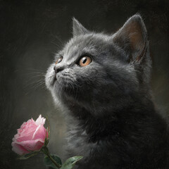 cute grey kitten with pink flower
