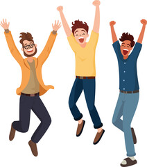 Fototapeta premium Joyful Jump: Three diverse men joyfully leap in the air, arms raised in a vibrant display of unrestrained happiness and excitement.
