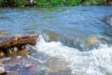 Log creates water cascade in small creek