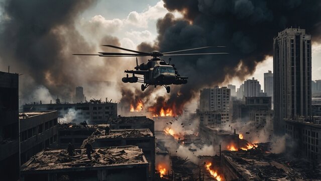 Helicopter Rescue Mission Amidst Urban Warfare A Dramatic Scene of Devastation and Courage