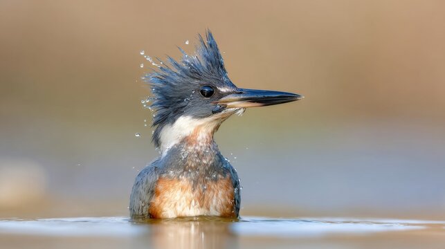 Vibrant kingfisher partially submerged in water with blue-gray head, orange-white underbelly, and spiky ruffled feathers, splashing droplets, sharp black beak, alert eye, soft gradient background. - Powered by Adobe