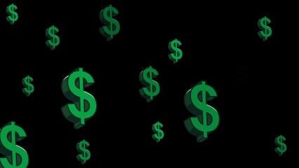 Floating 3d dollar sign symbols on a black background illustrating financial success and wealth abundance suitable for business and investment concepts