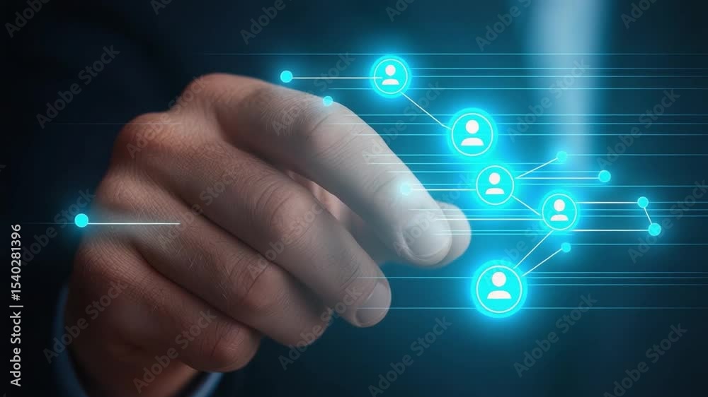 Poster business professional using touchscreen to connect with digital network of users and contacts in mod