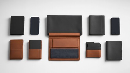 Organized leather cases, various sizes, and colors, on a white background.  Smartphone and tablet sized cases, for organization