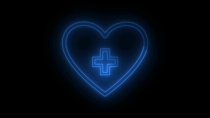 Neon blue glowing heart and plus sign symbol representing healthcare medicine and medical treatments on a dark background for design use.