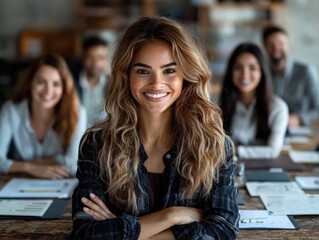 Confident businesswoman leading team in office meeting