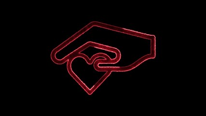 Hand holding heart symbolic representation of charity giving and love gesture in a glowing neon style against a deep black background