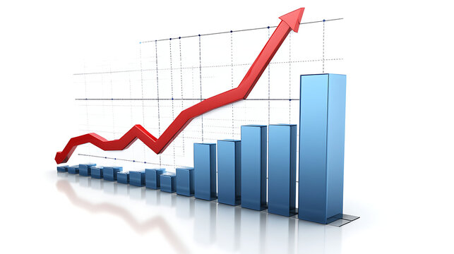 A clear 3d rendered business graph featuring ascending blue bars and a bold red arrow pointing upwards, representing continuous profit growth, market gains, and successful financial strategies