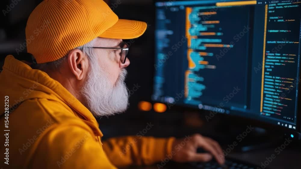 Poster elderly man wearing orange hat and glasses working on computer in dark room with programming code vi