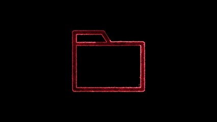 Illuminated red folder icon on black depicting information storage and data management for digital systems and document organization