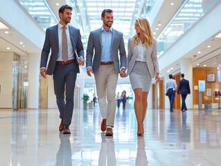 Three business professionals stroll through a modern office building's bright, spacious lobby