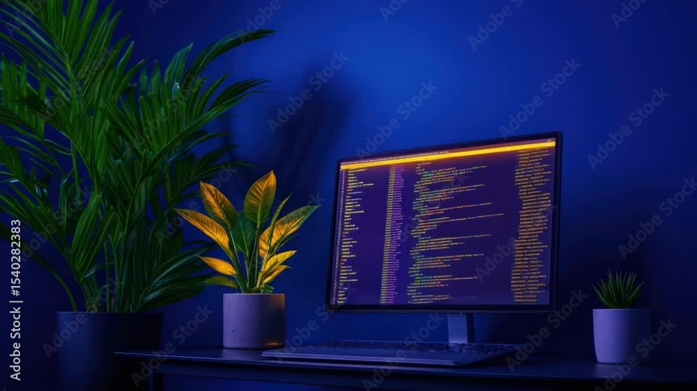 Poster computer monitor with colorful code displayed in a dark room surrounded by indoor plants for tech an