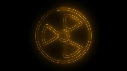 Glowing neon radiation symbol against a black background signifying hazardous material alert nuclear energy or atomic power warnings