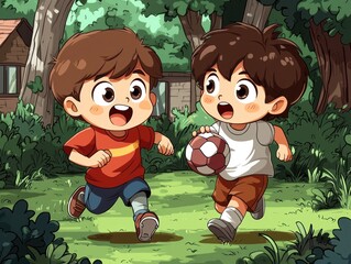 Two boys joyfully playing soccer outdoors