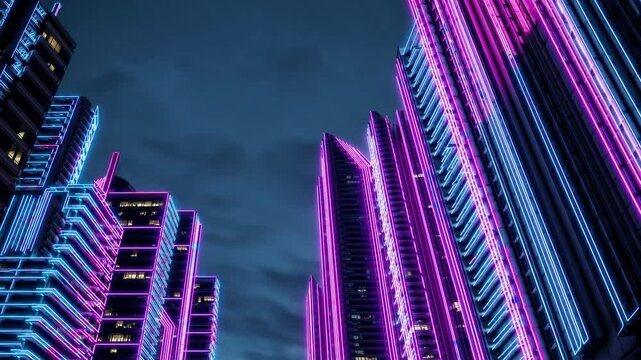 Stunning visuals of illuminated skyscrapers in downtown area during nighttime