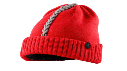 Red Knit Beanie with Braid Detail: A stylish red knit beanie features a unique braided detail, offering warmth and fashion in one.