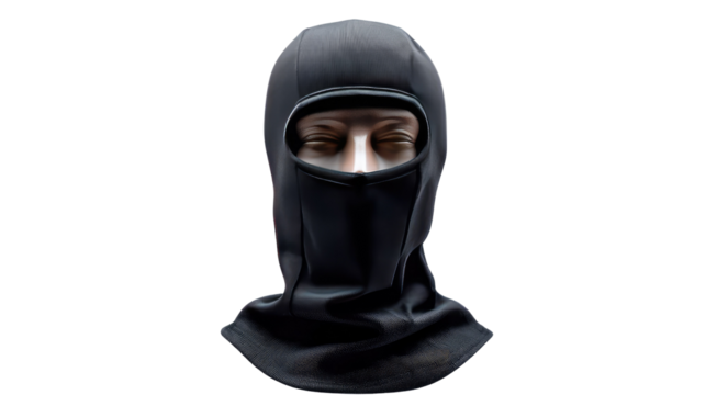 Black Balaclava on mannequin: Black balaclava displays protection against the elements, and anonymity. A mannequin with the balaclava faces forward.