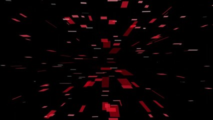 Abstract red and white geometric shapes floating against a black background creating a dynamic modern digital art composition