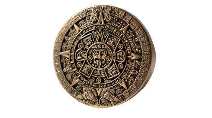 Ancient Aztec Calendar: A close-up, detailed image of the intricate Aztec sun stone, also known as the Aztec calendar, showcasing its complex glyphs and symbolic carvings.