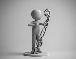 faceless 3d clay figure, adjusting personal gears on progress ladder, self improvement journey