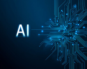 Circuit board with AI on blue background