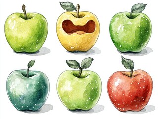 Watercolor painting of six apples, various colors and expressions