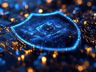 Digital shield on a circuit board, glowing blue.  Cybersecurity concept
