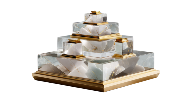 Crystal Pyramid: A meticulously crafted pyramid structure made of exquisite crystal and adorned with golden accents. The geometric design emanates a sense of luxury and sophistication. - Powered by Adobe