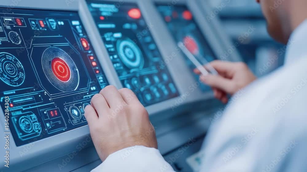 Poster professional control interface with hands adjusting high-tech user interface display in modern scien