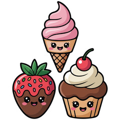 Strawberries chocolate sweets set vector isolated white background