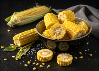 Bowl of Golden Corn: Freshly harvested yellow corn, both whole and sliced, arranged in a rustic bowl with scattered salt crystals on a dark table.
