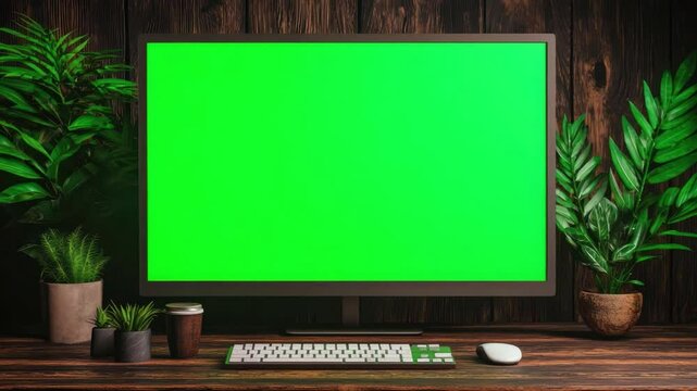 Empty desktop computer monitor with green screen surrounded by plants and coffee cup in modern workspace
