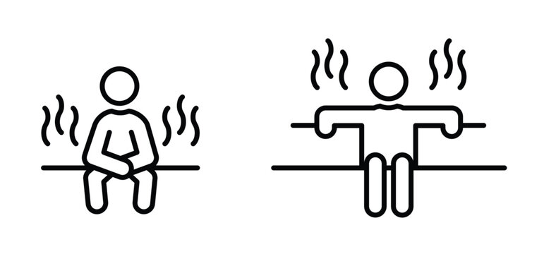Sauna concept. Spa service, hot steam room or sweat room. Relax of relaxation exercises. Human rest, stick figure man. Human silhouettes. Human rest, stick figure man. Bucket sauna tools