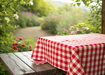Picnic Table in Garden: A charming outdoor scene featuring a wooden table covered with a red and white checkered tablecloth, set against a backdrop of a beautiful garden path.