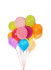 Many colorful air balloons on white background
