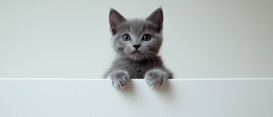 An adorable gray kitten with bright green eyes peeks over a white surface, its paws gently resting on the edge, creating a captivating and charming image