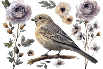 Watercolor painting of a bird perched on a branch, surrounded by various flowers and foliage, on a white background. The style is soft and muted, with pastel tones