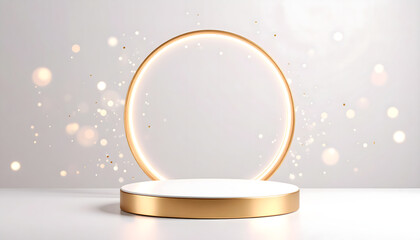 Glowing Golden Circle on White Stage with Floating Particles 