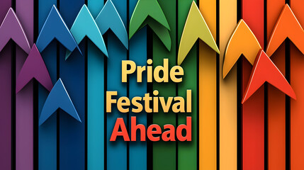 Colorful arrows pointing upward with bold text announcing upcoming pride festival celebration and pride colors