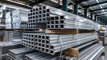 Stacks of square aluminum profiles on pallets in a warehouse. Metalworking and construction materials storage. Industrial background.