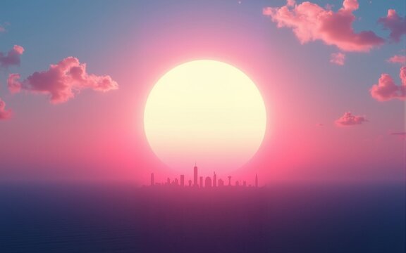 Large sun sets over a futuristic cityscape on a horizon with pink and blue sky. High quality - Powered by Adobe