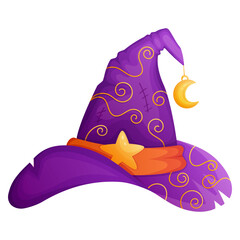 Witch hat cartoon vector illustration decorated with star and moon.  Halloween poster, banner, card, game design element. Magical fantasy accessory.