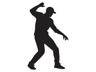 Black silhouette of a dancing man in dynamic pose, isolated on white background, graphic illustration. concept of dance, movement, performing arts, icon, design element
