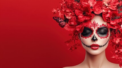 Red floral beauty: A vibrant image presents a woman adorned with an elaborate red floral headdress and intricate sugar skull makeup, capturing the essence of Día de Muertos with artistic flair.
