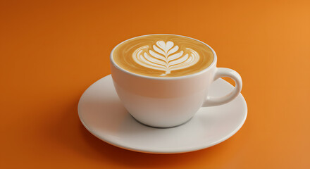 Latte Art in White Cup on Orange Background