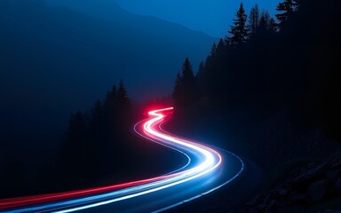 A winding mountain road illuminated by vibrant red and blue light trails, The road curves gracefully through a dense dark forest, long-exposure photography to the mystical atmosphere. High quality