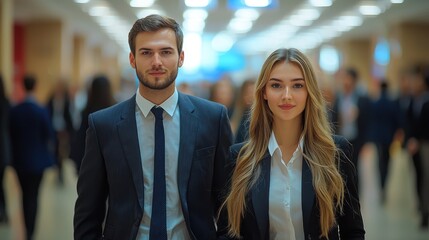 Professional young couple in suits walking through a busy hallway, shallow depth of field, focus on the couple