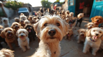 A light brown, fluffy dog takes a selfie surrounded by a large crowd of other dogs of varying breeds and colors, outdoors in a sunny, possibly rural setting
